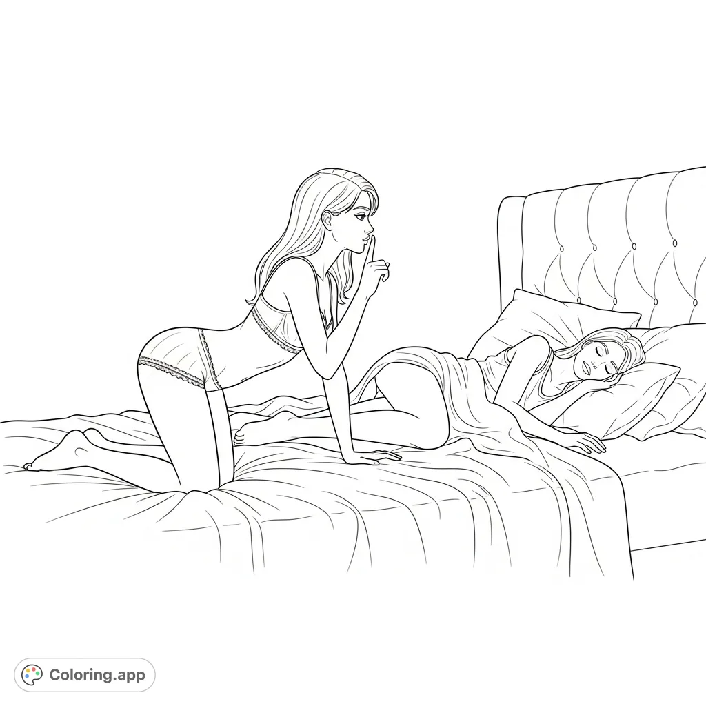 An intimate bedroom scene featuring a woman in lingerie quietly approaching her sleeping girlfriend with a playful 'shhhh' gesture. A tender and suggestive moment.