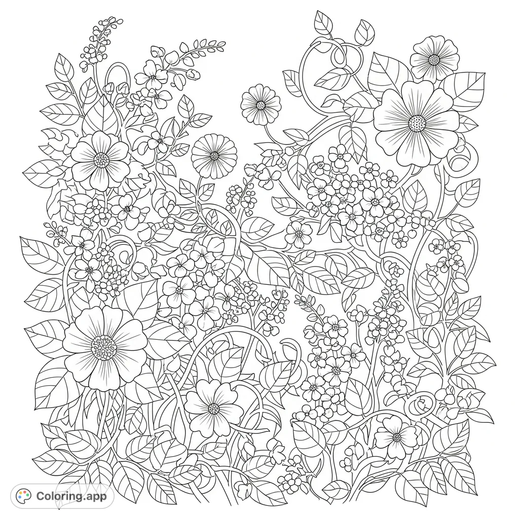 Explore a beautiful blooming garden scene filled with intricate flowers and winding vines, perfect for a relaxing nature coloring page.
