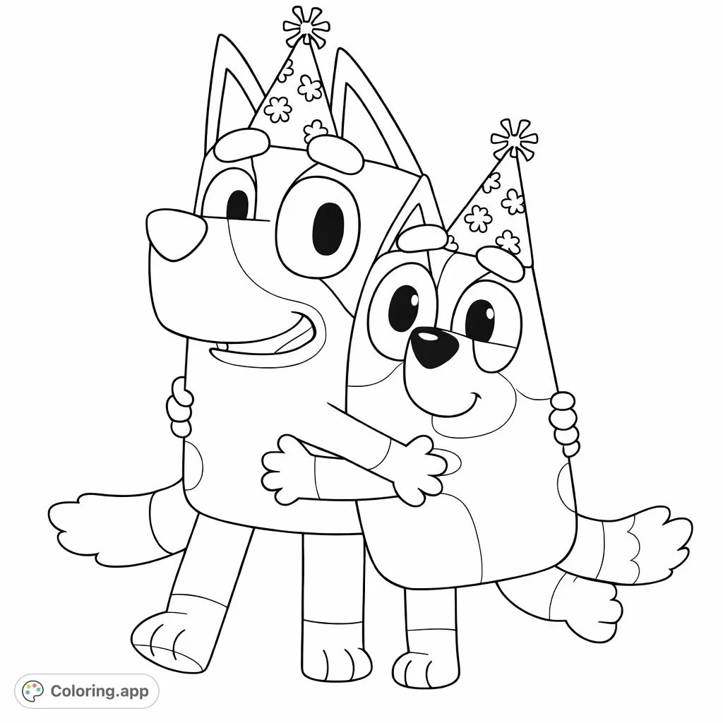 Two cheerful canine friends sharing a warm hug while wearing festive party hats. Perfect for a fun-filled coloring adventure for all ages!