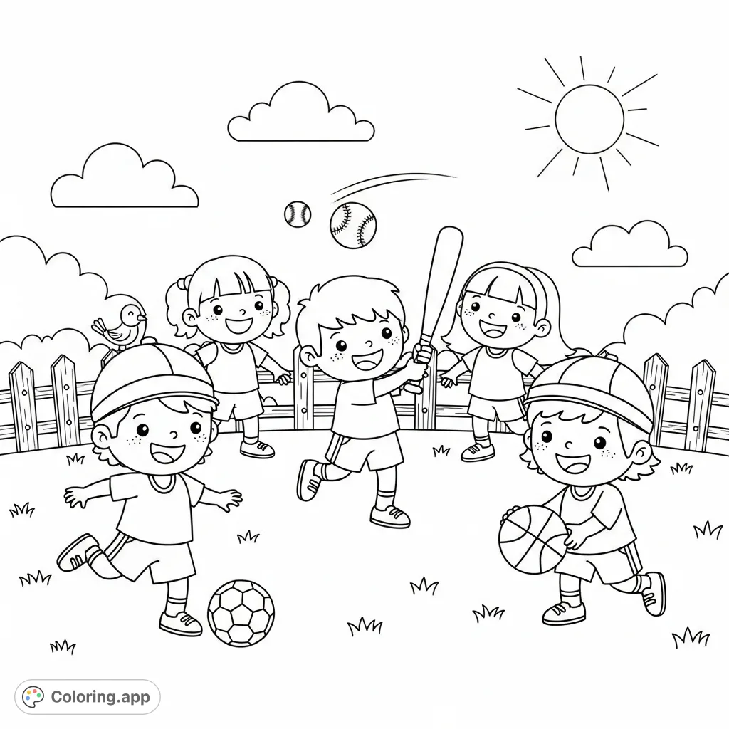A cheerful sports coloring page featuring simple children playing soccer, baseball, and basketball in a sunny outdoor setting. Perfect for young aspiring athletes!