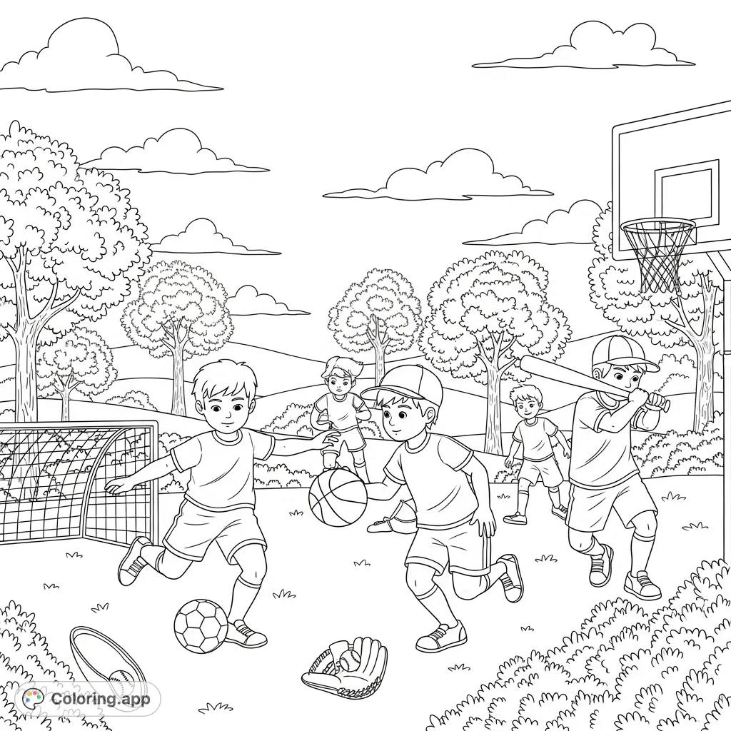 Cheerful children engaged in various sports like soccer, basketball, and baseball in a lively park, offering a delightful and active coloring page.