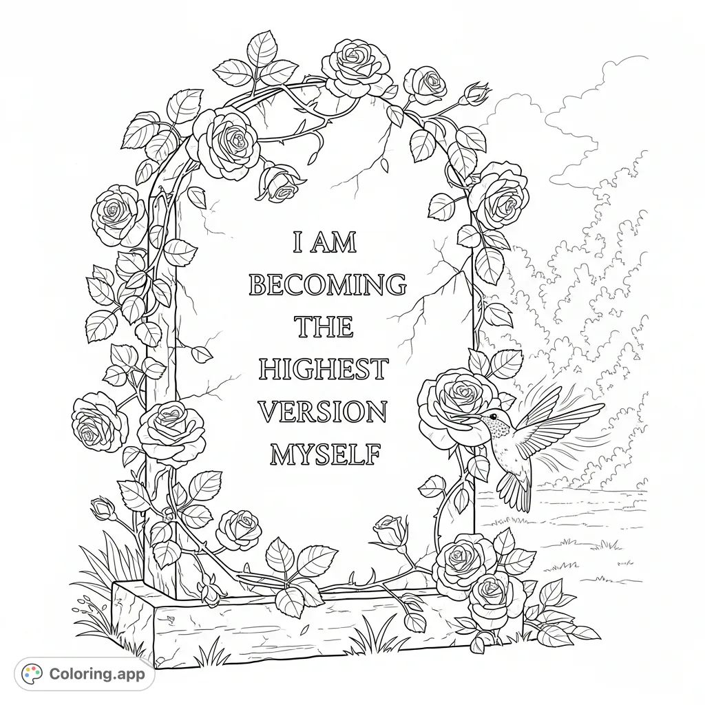 An inspirational affirmation coloring page featuring a grand stone tablet etched with a powerful statement, encircled by detailed rose vines and a hovering hummingbird.