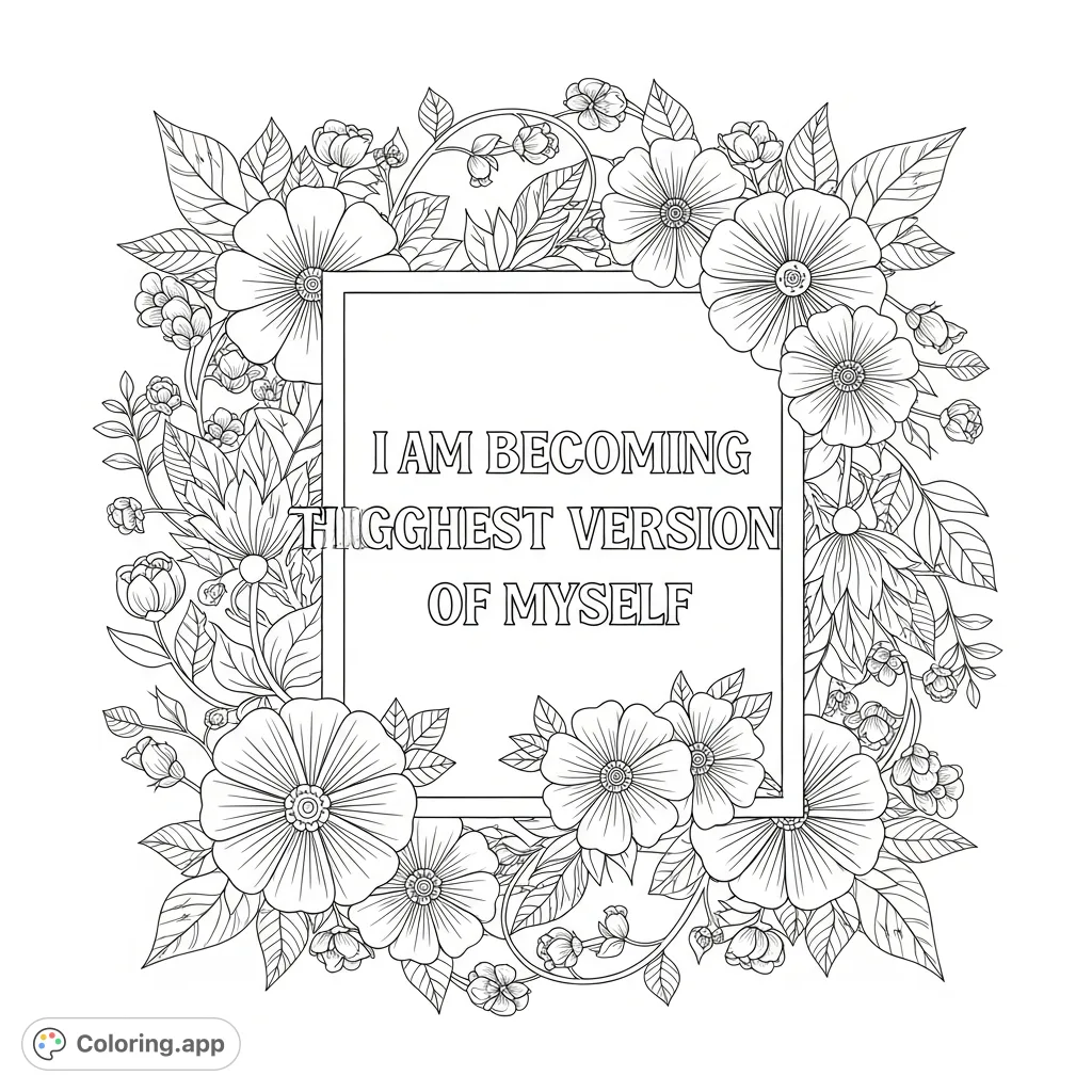 An empowering quote "I am becoming the highest version of myself" is gracefully framed by intricate, elegant floral patterns, offering a mindful coloring experience.