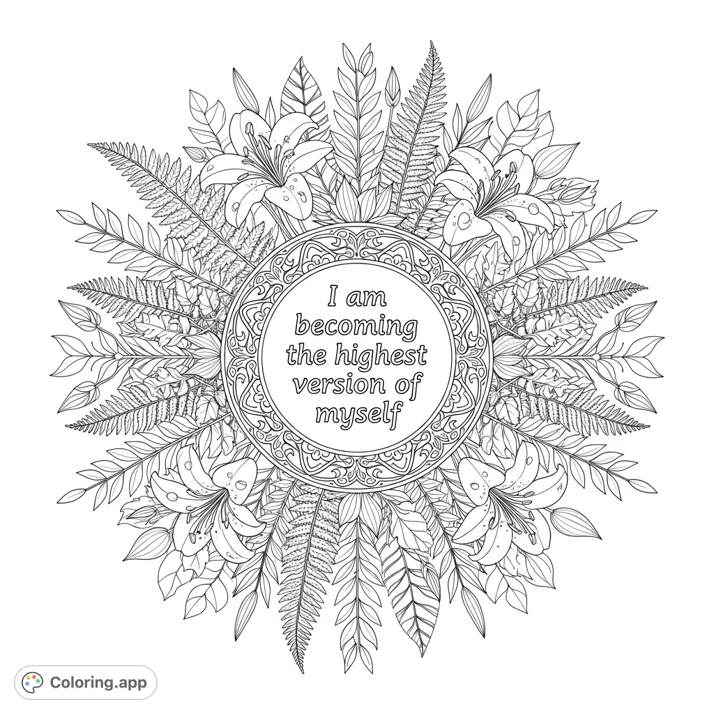 Discover self-growth with this intricate botanical coloring page. A central medallion with empowering words radiates amidst lush ferns and lilies, perfect for reflection.