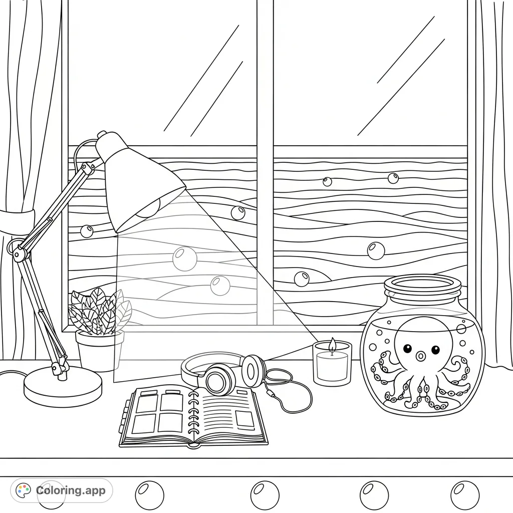 Immerse yourself in a serene night scene featuring a cozy desk, a cute octopus in a jar, and a vast ocean view through a window, perfect for relaxation.