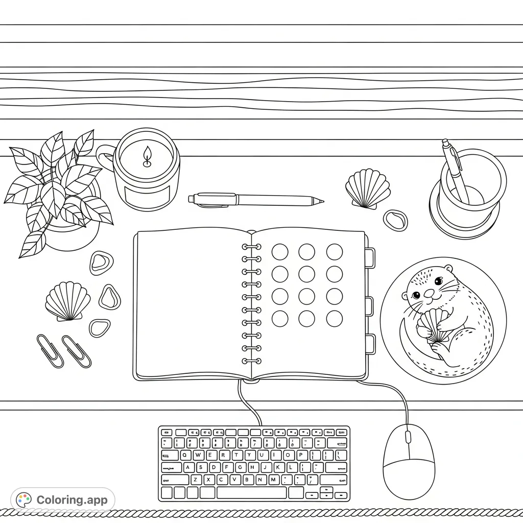 A serene desk flatlay featuring a cozy otter, a compact keyboard, a notebook, and a peaceful ocean view from a window. Perfect for a relaxing coloring experience.