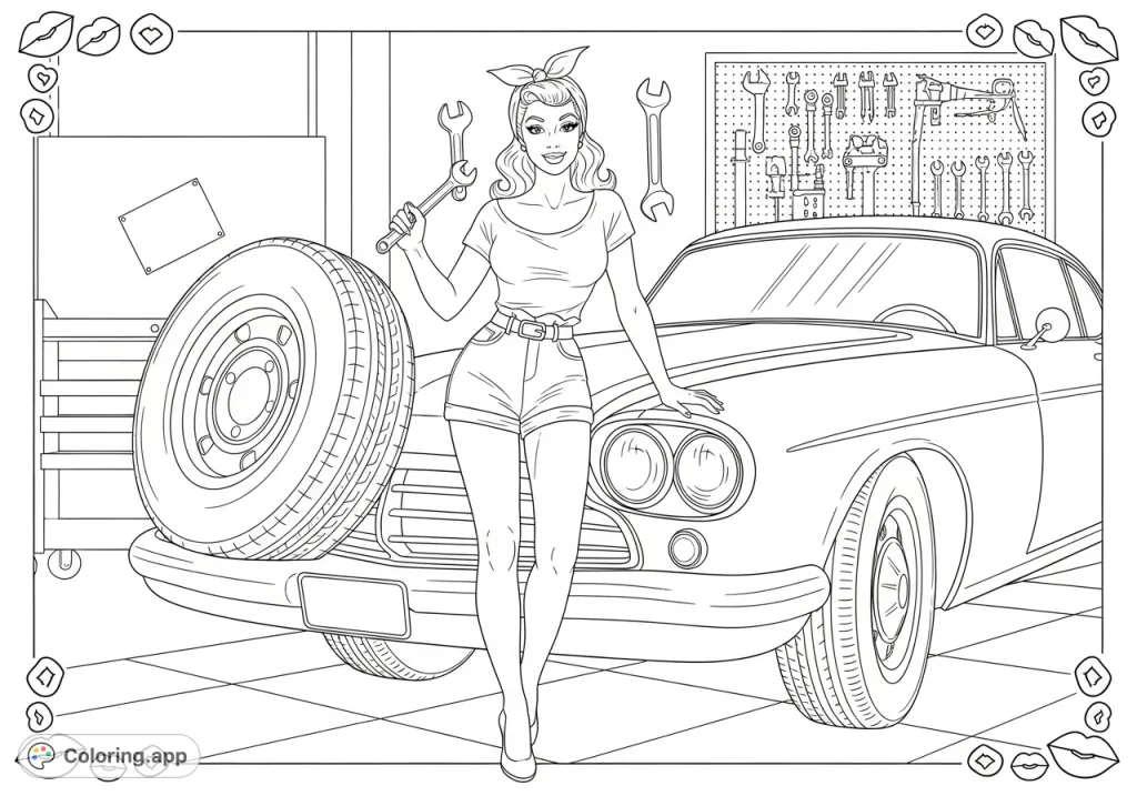 Step into a vintage garage with this 1950s pin-up coloring page. A stylish woman poses playfully by a classic car, surrounded by tools and retro charm.