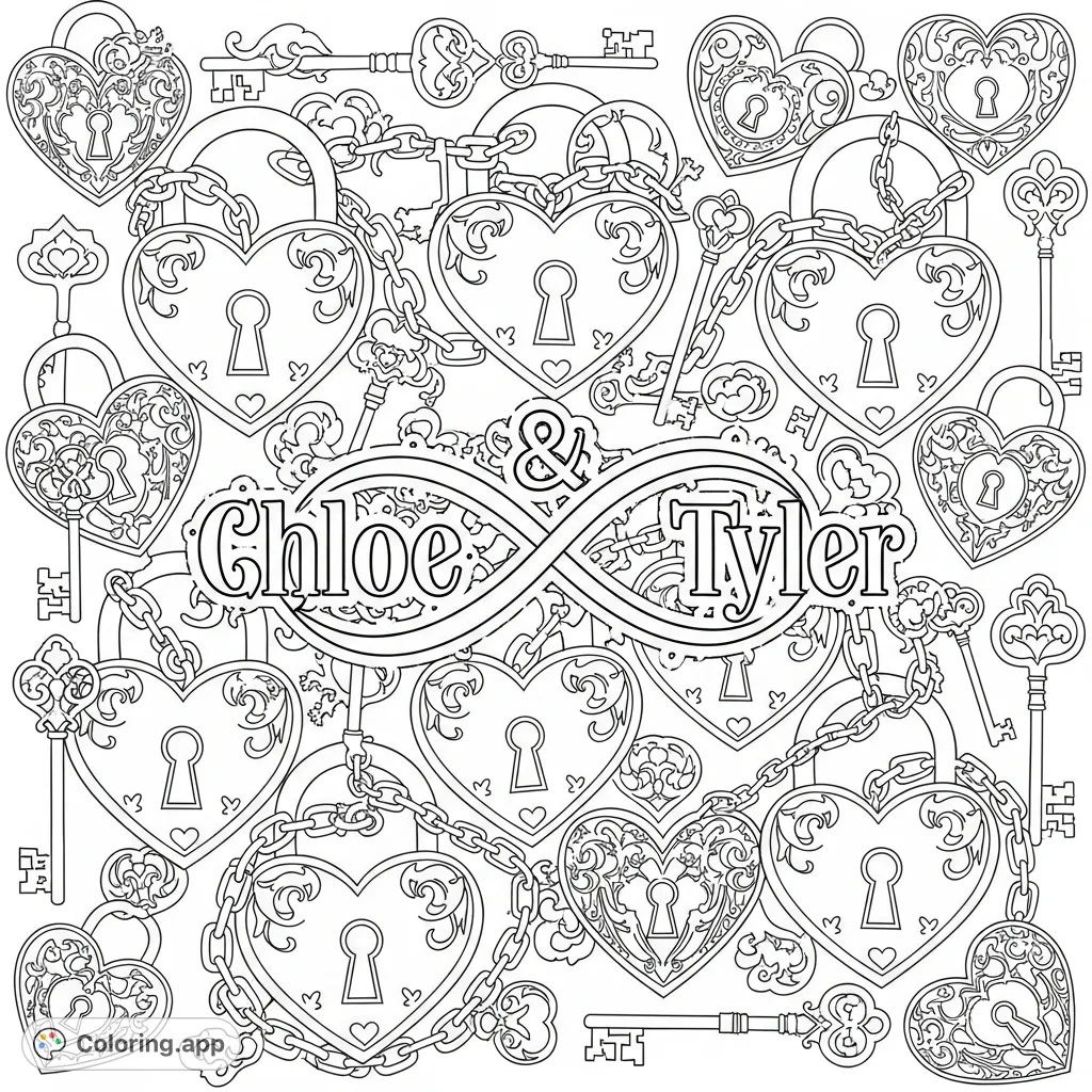 Discover a romantic coloring page featuring 'Chloe' and 'Tyler' intertwined with an infinity symbol, surrounded by intricate heart locks, chains, and Gothic hearts.