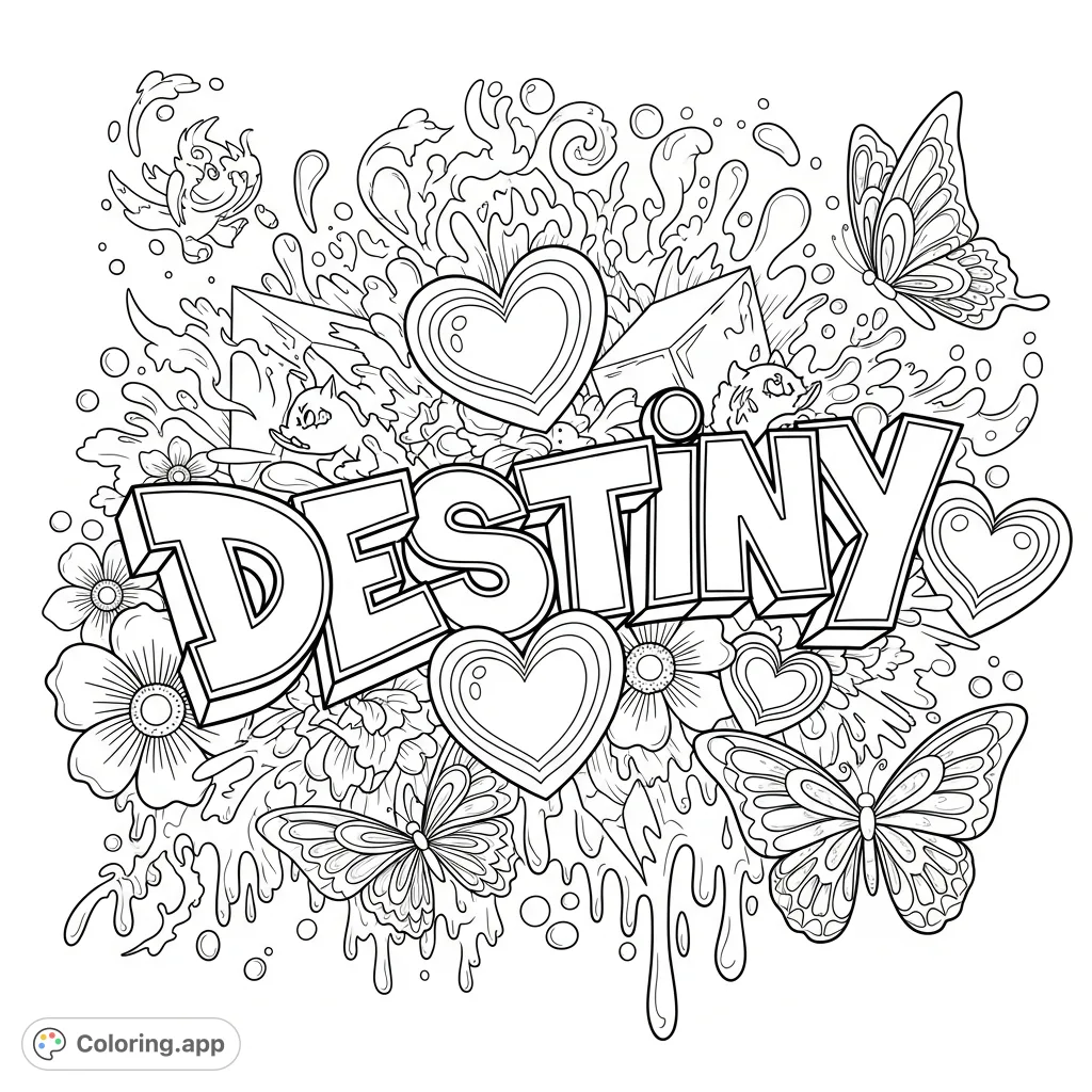 Dynamic graffiti-style 'Destiny' coloring page. Bold letters, intricate hearts, flowers, and butterflies emerge from a lively, bubbly dripping background.