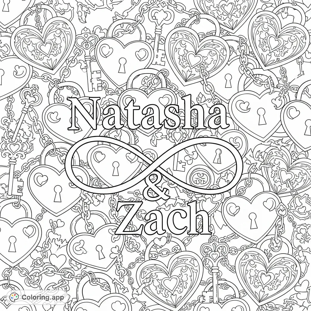 Discover a detailed 'Natasha' and 'Zach' intertwined names coloring page, featuring an infinity symbol amidst a dense tapestry of heart-shaped locks, keys, and Gothic patterns. A free printable coloring page for adults.