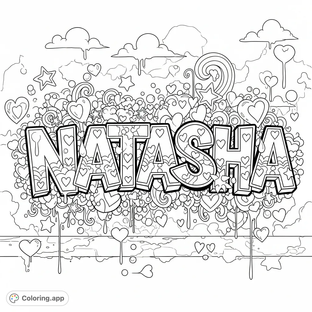 A dynamic graffiti-style "Natasha" coloring page, featuring intricate letters, hearts, stars, drips, and swirls against an urban wall texture.