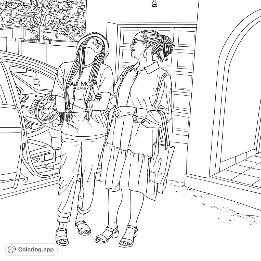 Two women share a lively conversation outdoors. One leans on a car, the other stands nearby, against a backdrop of a home and vehicle.
