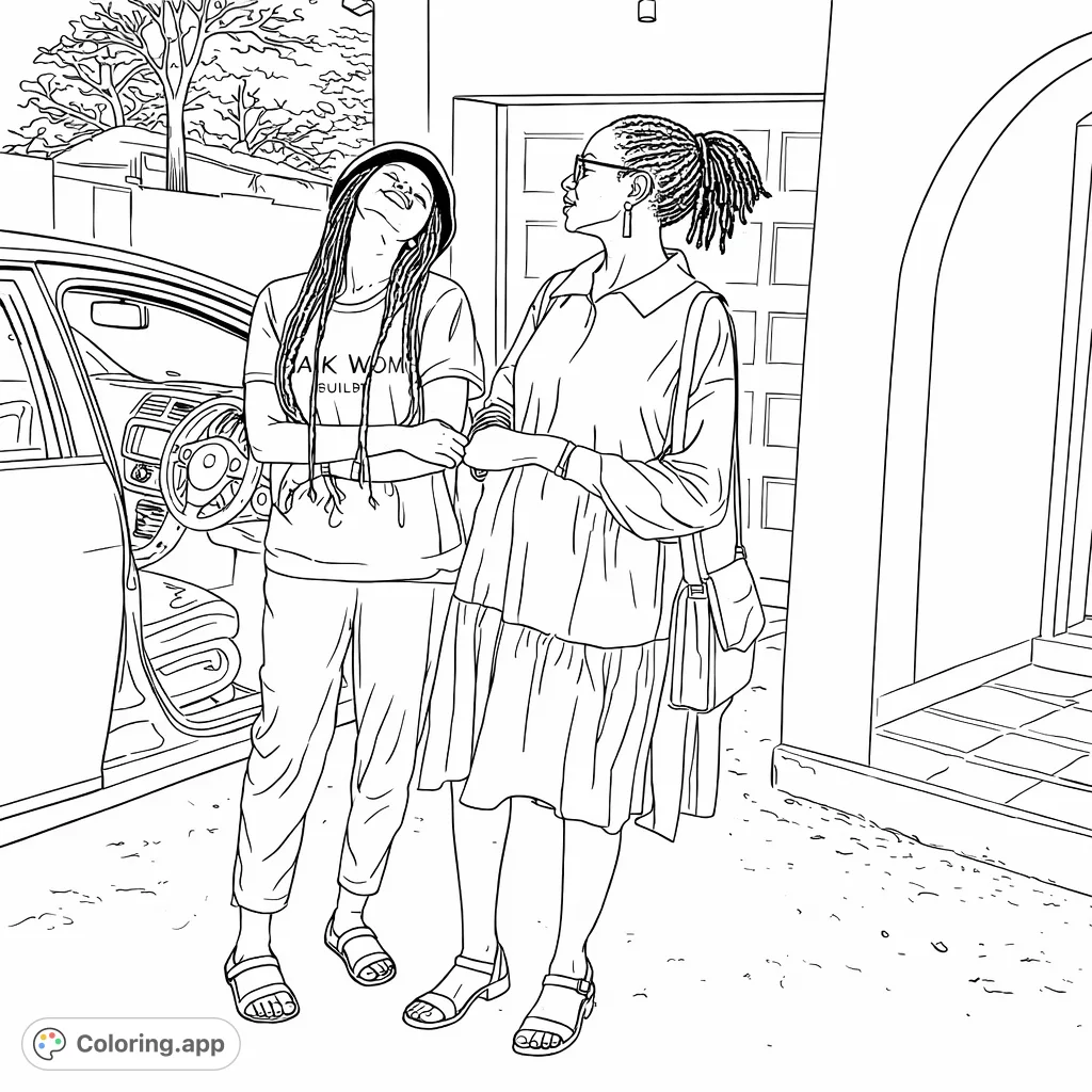 Capture a warm outdoor moment between two women, conversing by a car and a building. A delightful scene for creative expression and detail.