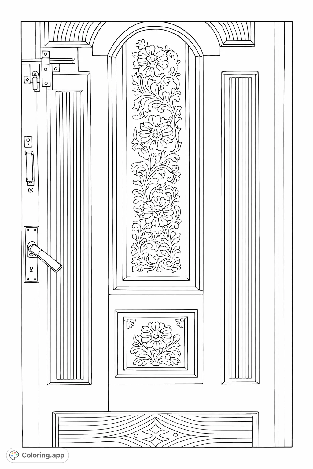 Discover a beautiful carved wooden door with intricate floral, ribbed, and geometric patterns. Perfect for a detailed coloring experience.
