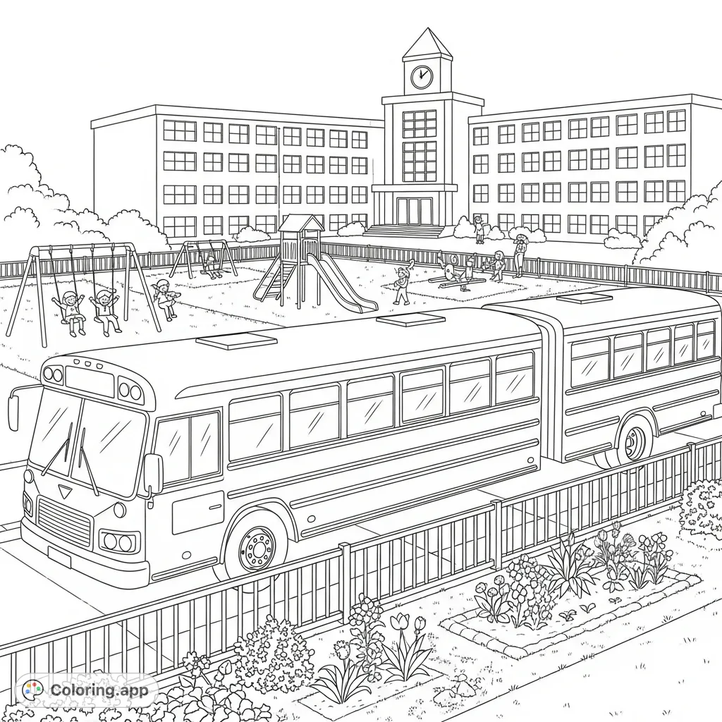 A cheerful scene depicting a modern school bus parked by a lively playground with children playing, backed by a school building and a charming flower garden.