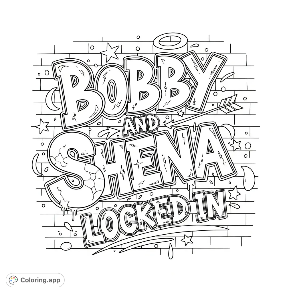 Dynamic graffiti art spelling "Bobby and Shena Locked In" on a textured urban wall. Perfect for creative expression and personalizing an iconic street art look.