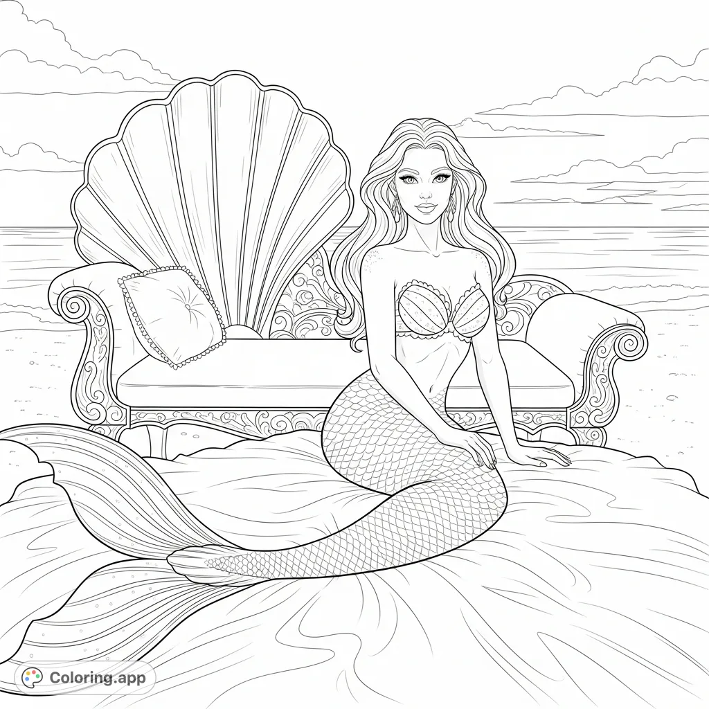 A sophisticated mermaid with shimmering tail and cascading hair, poised on fluffy bedding before an elaborate shell chaise, set against a serene beach.