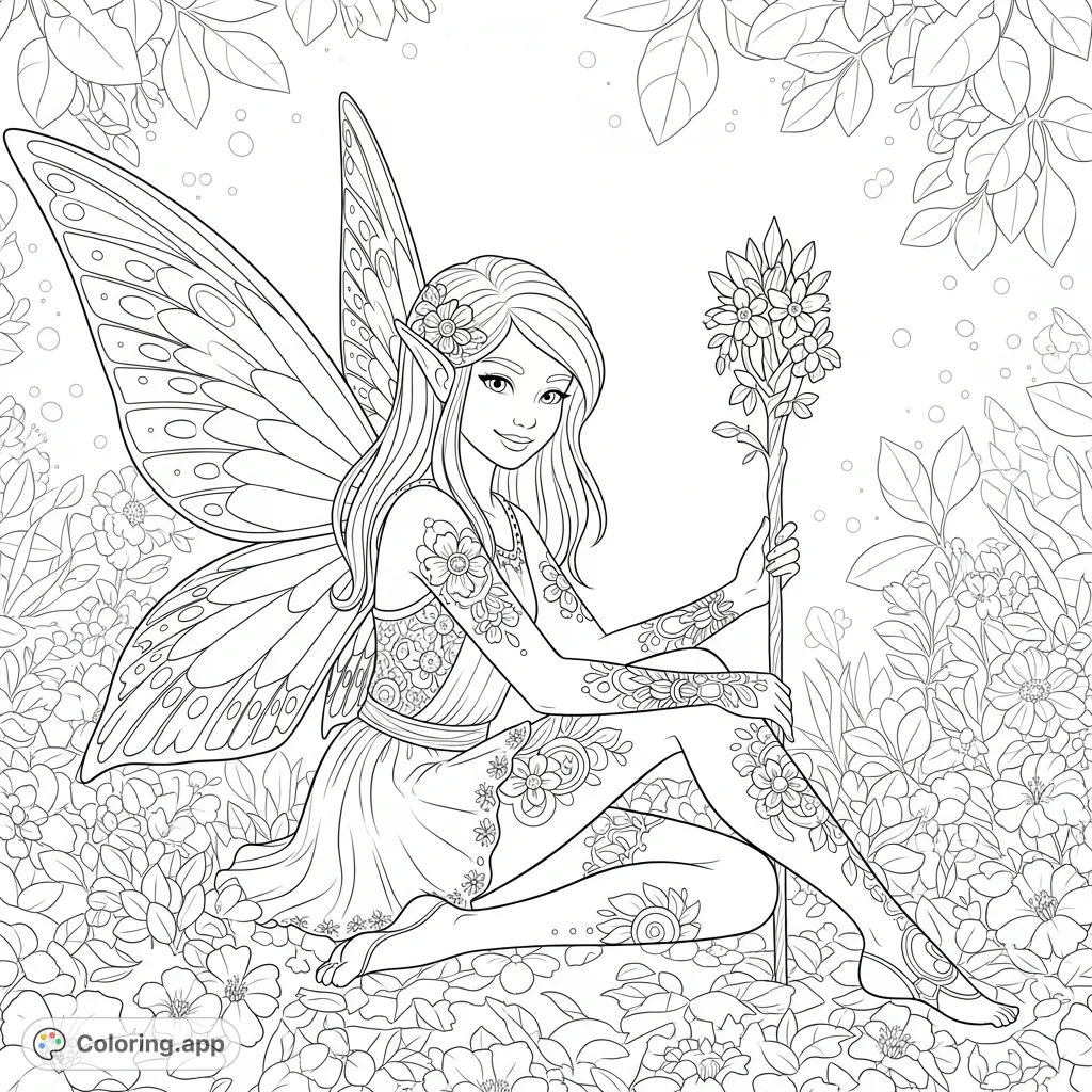 Discover a beautiful fairy amidst lush garden foliage. This intricate fairy coloring page features delicate details, patterned wings, and a serene floral setting.