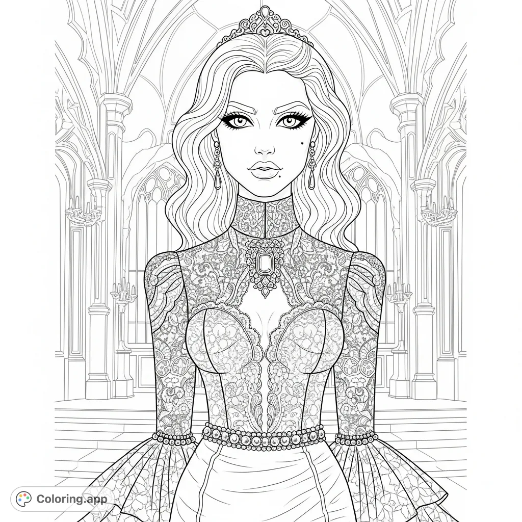 Discover a stunning gothic chic portrait of a woman in an exquisite lace and leather gown within an ornate ballroom, exuding enigmatic allure.