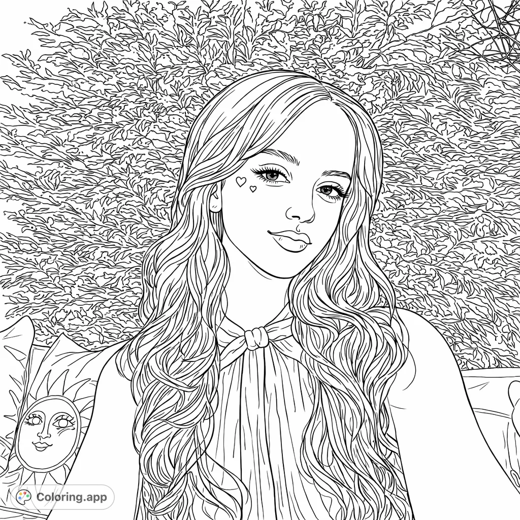 Color a captivating portrait of a young woman with wavy hair and unique heart embellishments. A detailed and engaging art piece for creative expression.