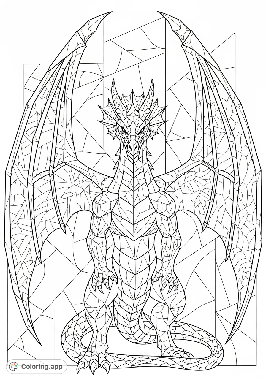 An intricate dragon rendered in a detailed stained glass style, featuring numerous geometric segments and patterns. Perfect for experienced colorists seeking a challenging fantasy coloring page.
