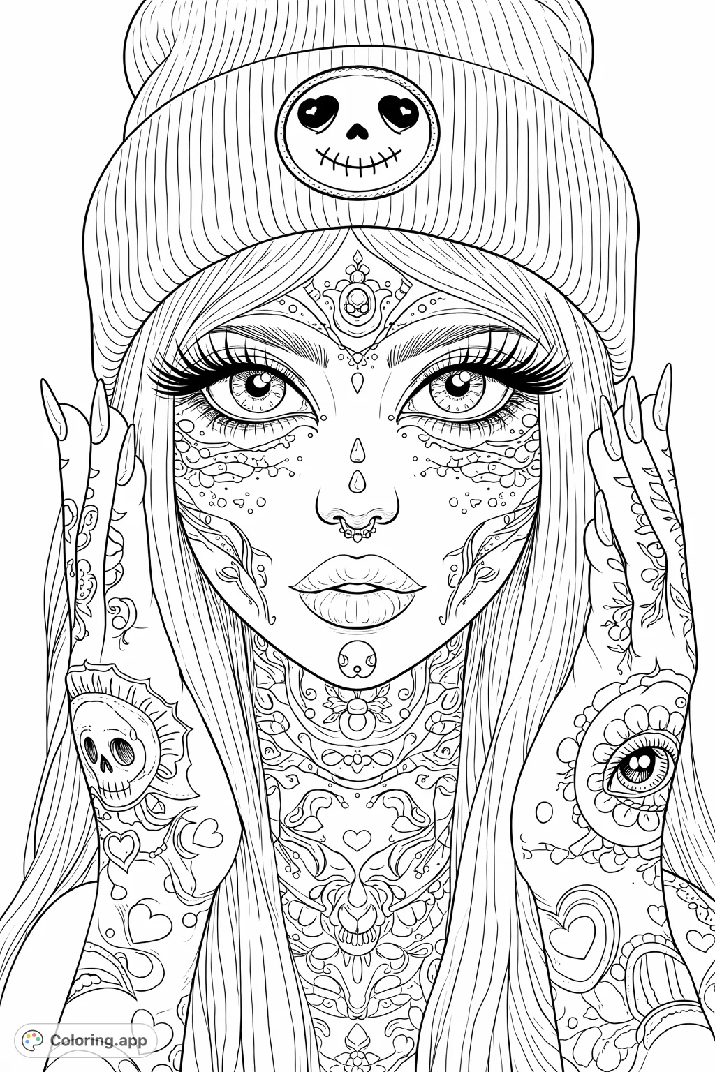 Detailed portrait of a woman with elaborate facial makeup, skull designs, and full sleeve tattoos. Perfect for expressive coloring and intricate patterns.