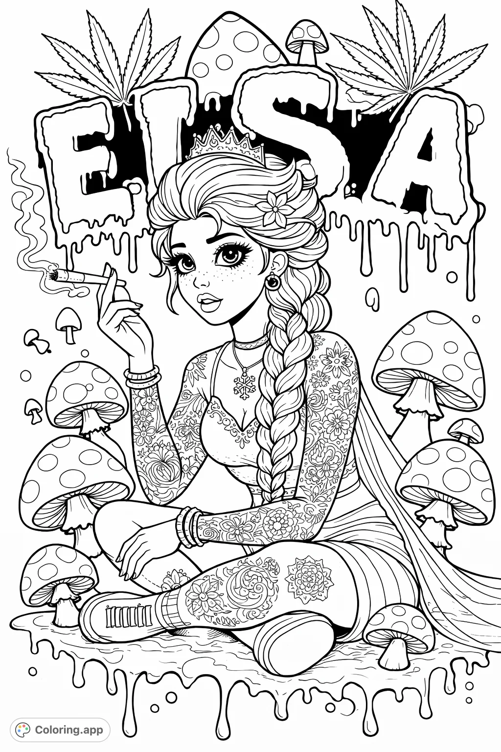 An edgy, tattooed character with braided hair sits among mystical mushrooms and symbolic foliage, creating a unique and detailed coloring experience for adults.