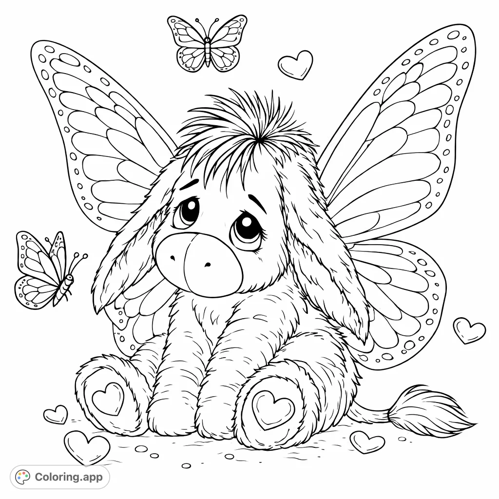 An adorable donkey character with large butterfly wings and a sweet expression, surrounded by whimsical hearts and flying butterflies, ready for a charming coloring adventure.