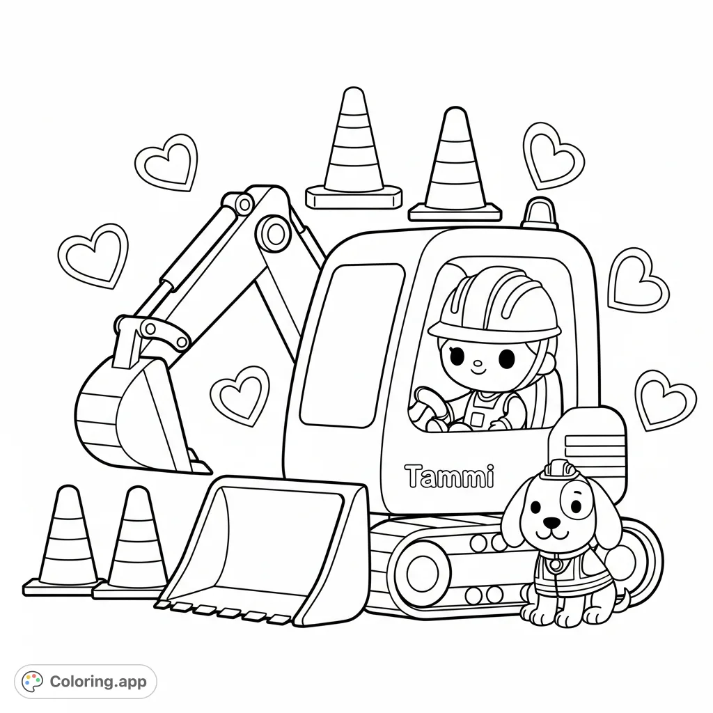 Tammi, wearing a hard hat, operates a cute excavator as Lambeau, a floppy-eared dog in a safety vest, "helps" amidst simple cones and hearts.