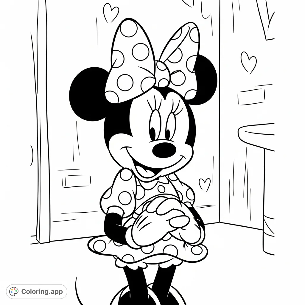 A delightful Minnie Mouse in her iconic polka-dot dress and bow, ready for your creative touch. Perfect for Disney fans and young artists.