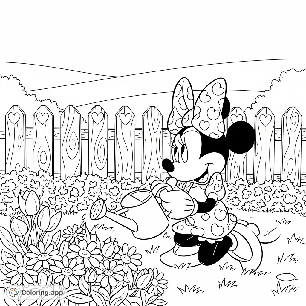 An enchanting Minnie Mouse coloring page depicting her cheerfully tending a whimsical garden with a watering can, surrounded by blooming flowers, a picket fence, and rolling hills.