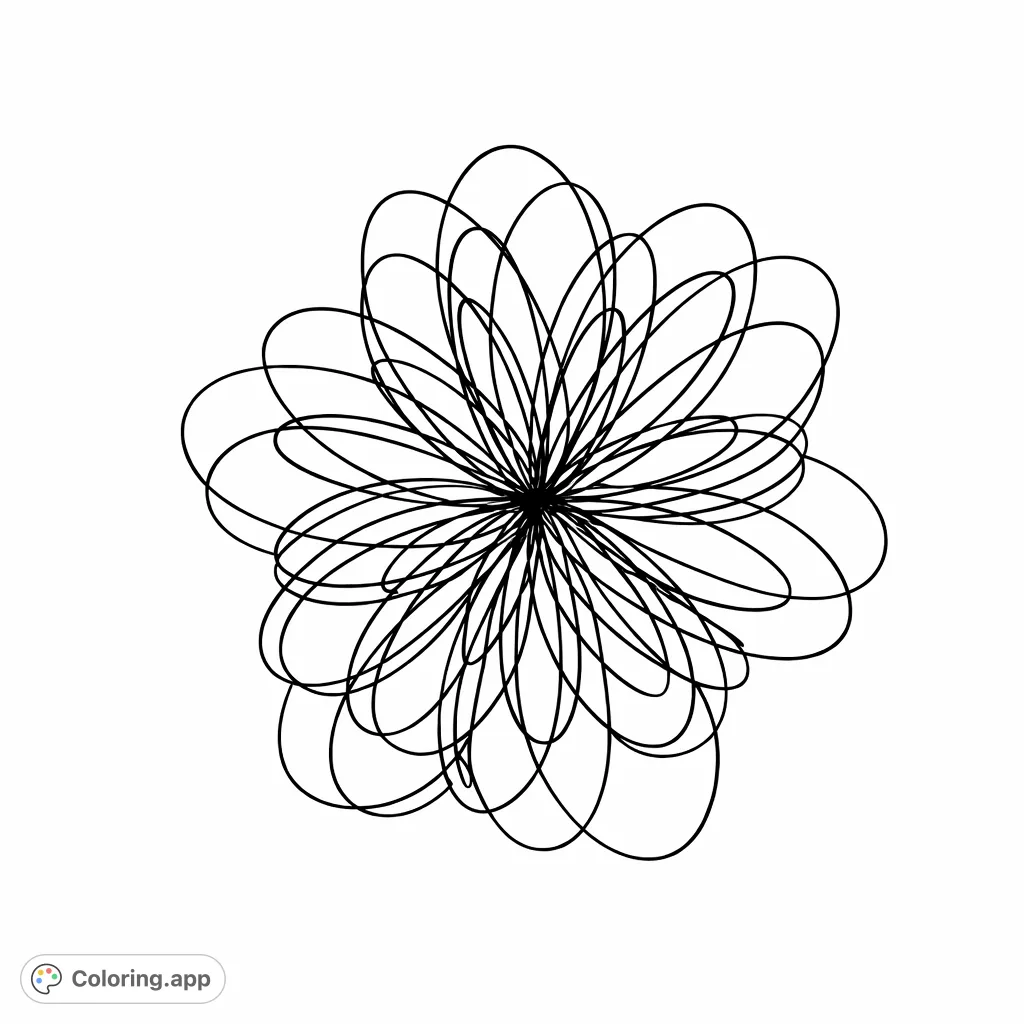 Discover an intricate abstract floral design featuring swirling, overlapping oval shapes radiating from a dense central core, perfect for mindful coloring.