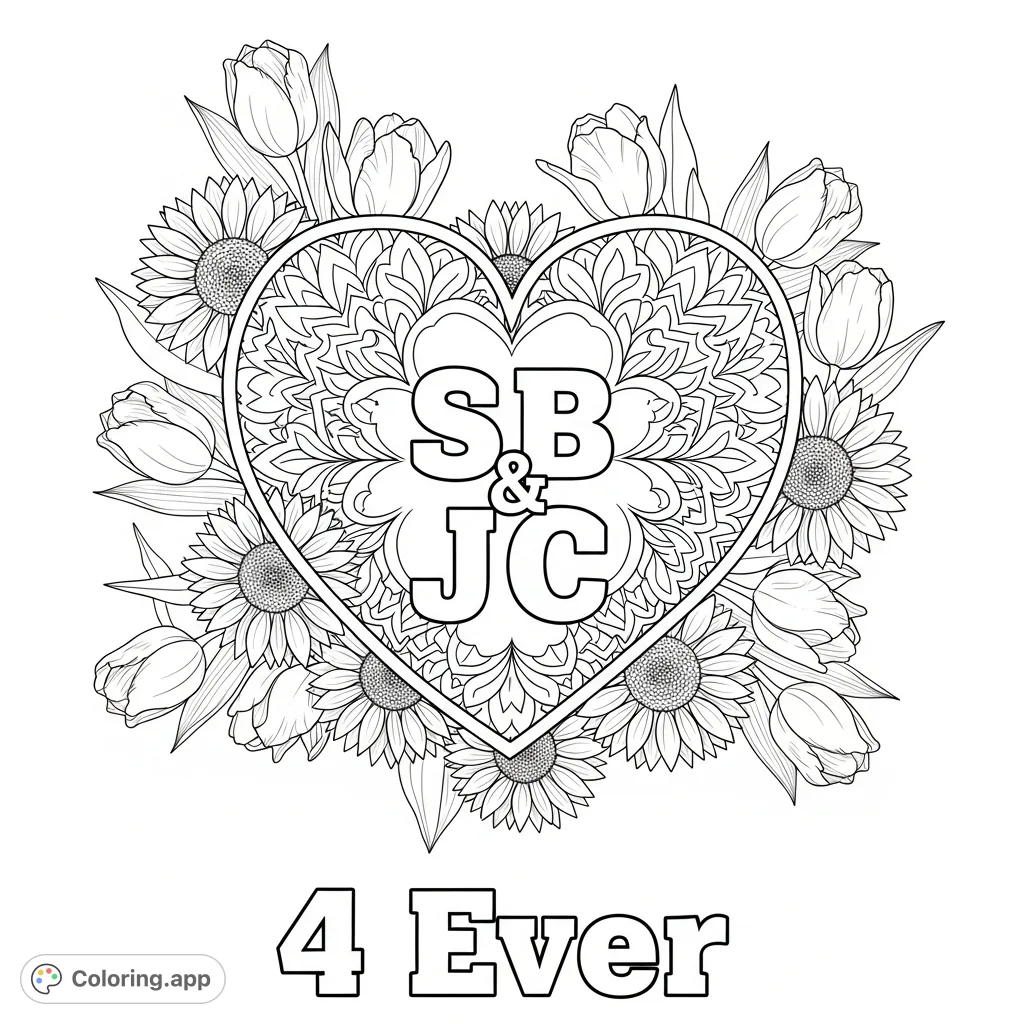 A beautiful mandala heart featuring initials 'SB' and 'JC' with '4 Ever' underneath, adorned with sunflowers and tulips for a heartfelt coloring experience.