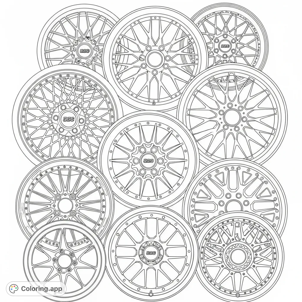 Explore an impressive collection of detailed BBS-style automotive rims arranged vertically. Perfect for car enthusiasts to color and customize.