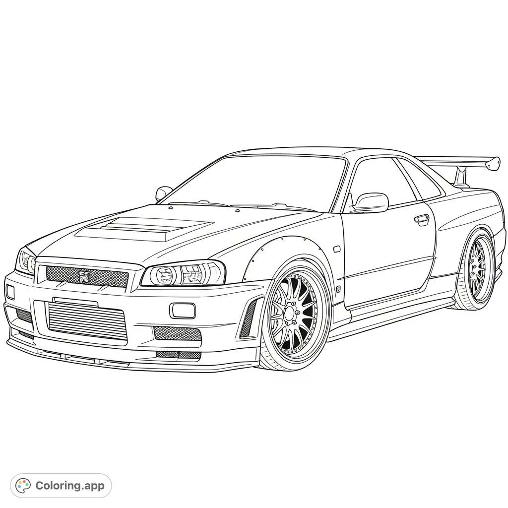 Unleash your creativity on this wide body Nissan Skyline GT-R R34 coloring page, featuring custom rims and an iconic JDM stance.