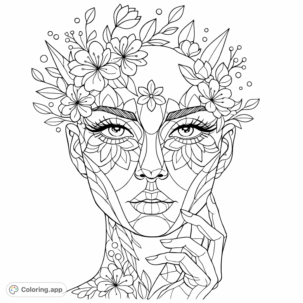 Discover a captivating abstract portrait adorned with intricate floral patterns and geometric lines. A unique blend of human form and botanical artistry awaits your creative touch.