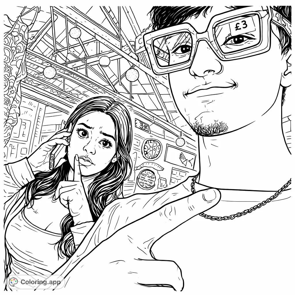 A dynamic market scene featuring two individuals, one striking a pose with statement glasses and a pointing finger, and another interacting with a phone. Perfect for creative expression!