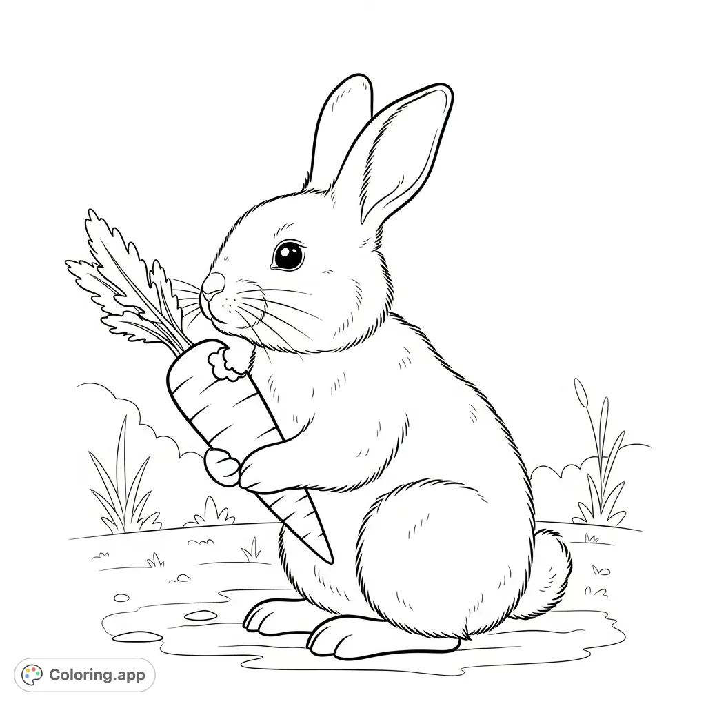 A charming bunny sits happily, munching on a crisp carrot. A delightful and free printable bunny coloring page, perfect for budding artists and relaxation.