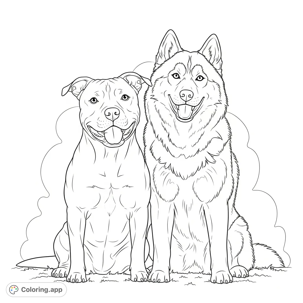 A heartwarming free printable pitbull and husky coloring page featuring two smiling dogs sitting together, perfect for animal lovers of all ages.