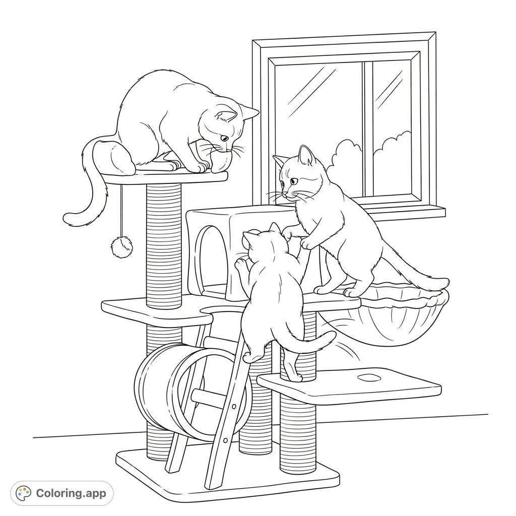 Two adorable cats joyfully playing on a multi-level cat tree, featuring playful poses and a cozy setup. Perfect for cat lovers to color!