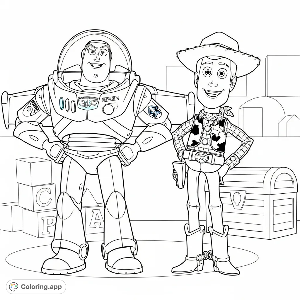 An exciting Buzz Lightyear and Woody coloring page featuring the iconic duo in a playful toy room setting. Perfect for fans of all ages!