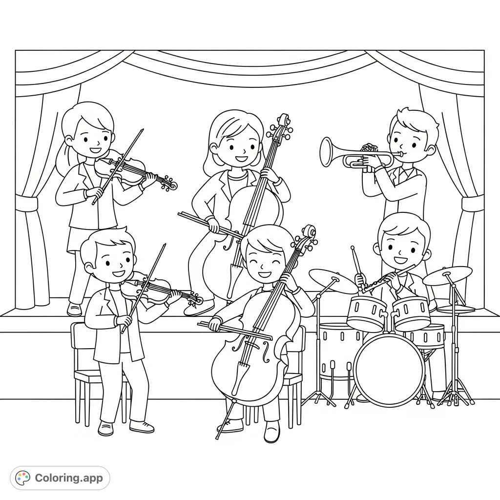 A delightful orchestra scene featuring smiling musicians playing various instruments like violins, trumpets, and drums, designed for easy coloring for young children.