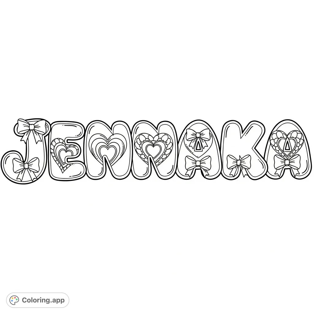 Color the name Jennaka in fun bubble letters, featuring sweet hearts and charming bows nestled inside each letter for a personalized artistic touch.