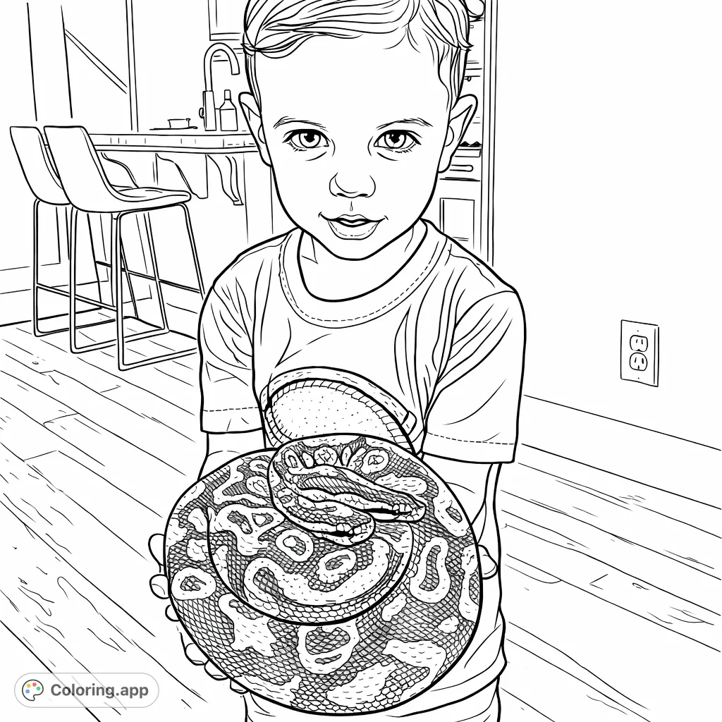 A brave child holds a fascinating coiled snake, showcasing its intricate scale patterns. Perfect for exploring wildlife and detailed animal designs.