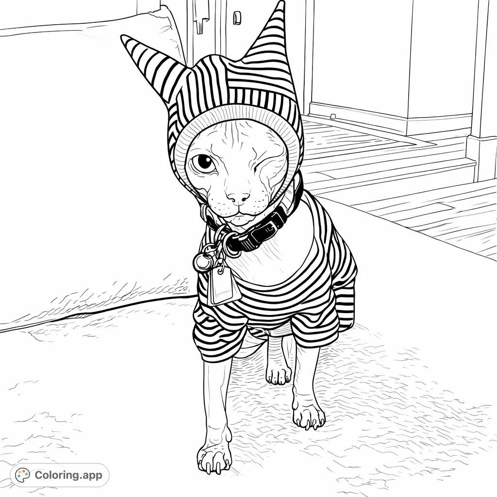 A stylish Sphynx cat poses in a horizontally striped shirt and a matching hat with pointed ears, complete with a collar and bells, sitting on a comfy couch.