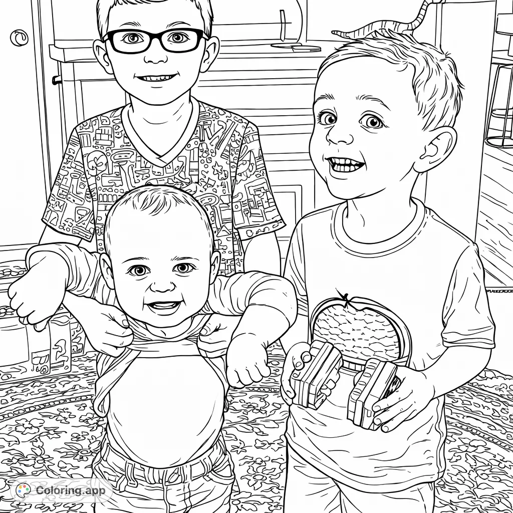 A heartwarming scene of three brothers, from baby to older child, posing together with joyful expressions. A delightful and engaging coloring experience awaits.
