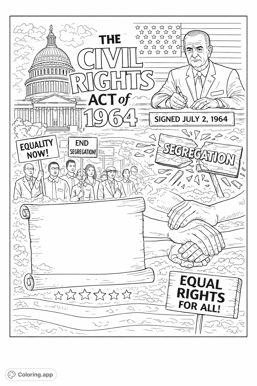 Commemorate a pivotal moment in history with this detailed Civil Rights Act coloring page, featuring iconic symbols, a key figure, and powerful messages of equality.