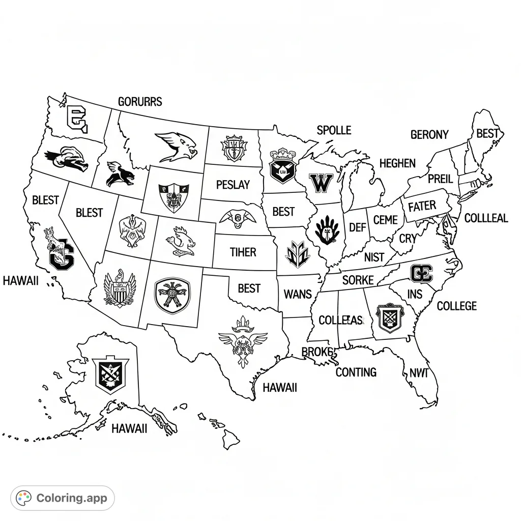 Explore the U.S. states map featuring a 'best' college logo for each state. A unique and educational free printable coloring page for all ages.