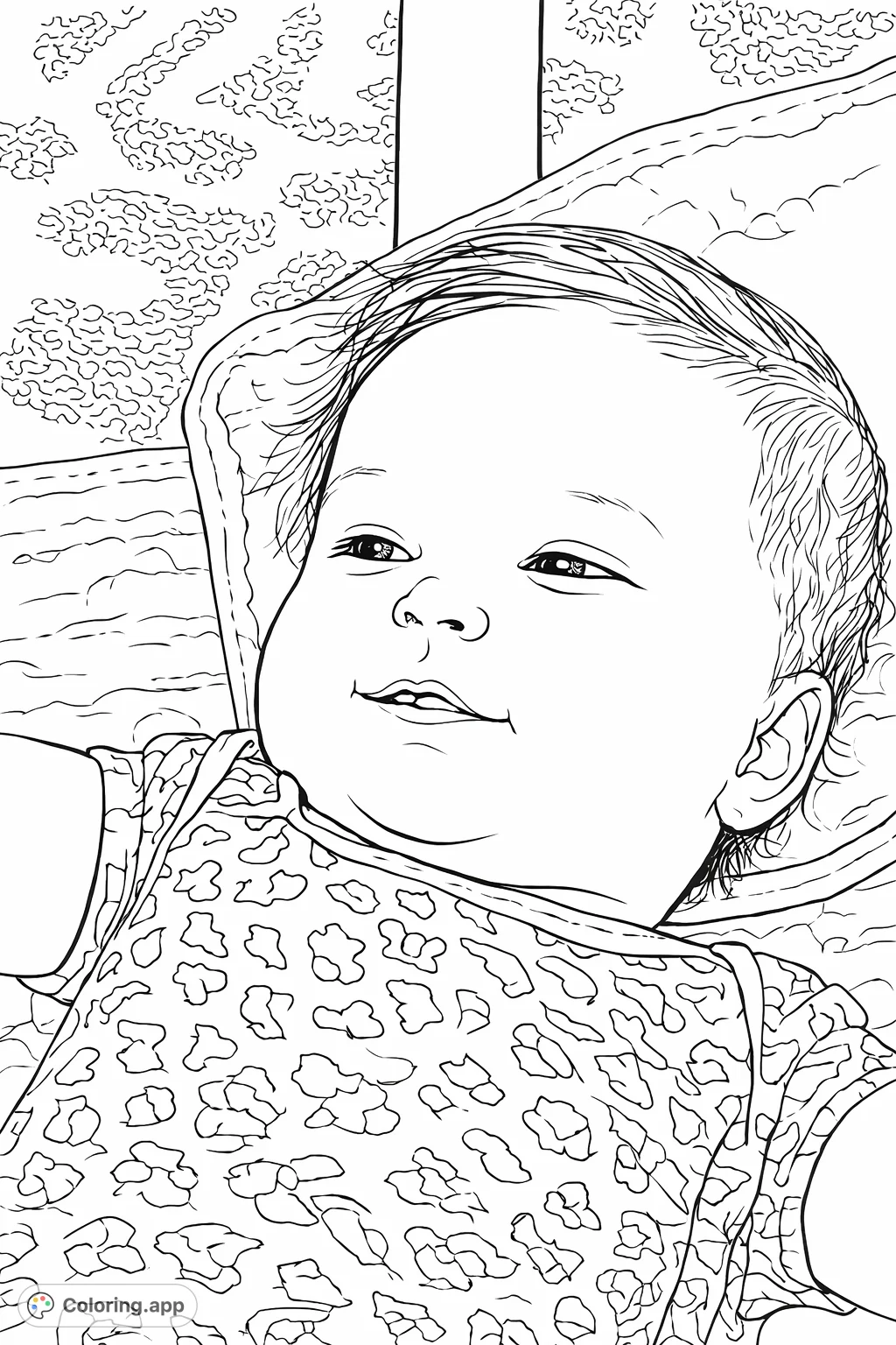 A charming baby portrait featuring a sweet expression and a fun animal print outfit. This lovely baby coloring page offers a delightful and relaxing coloring experience.