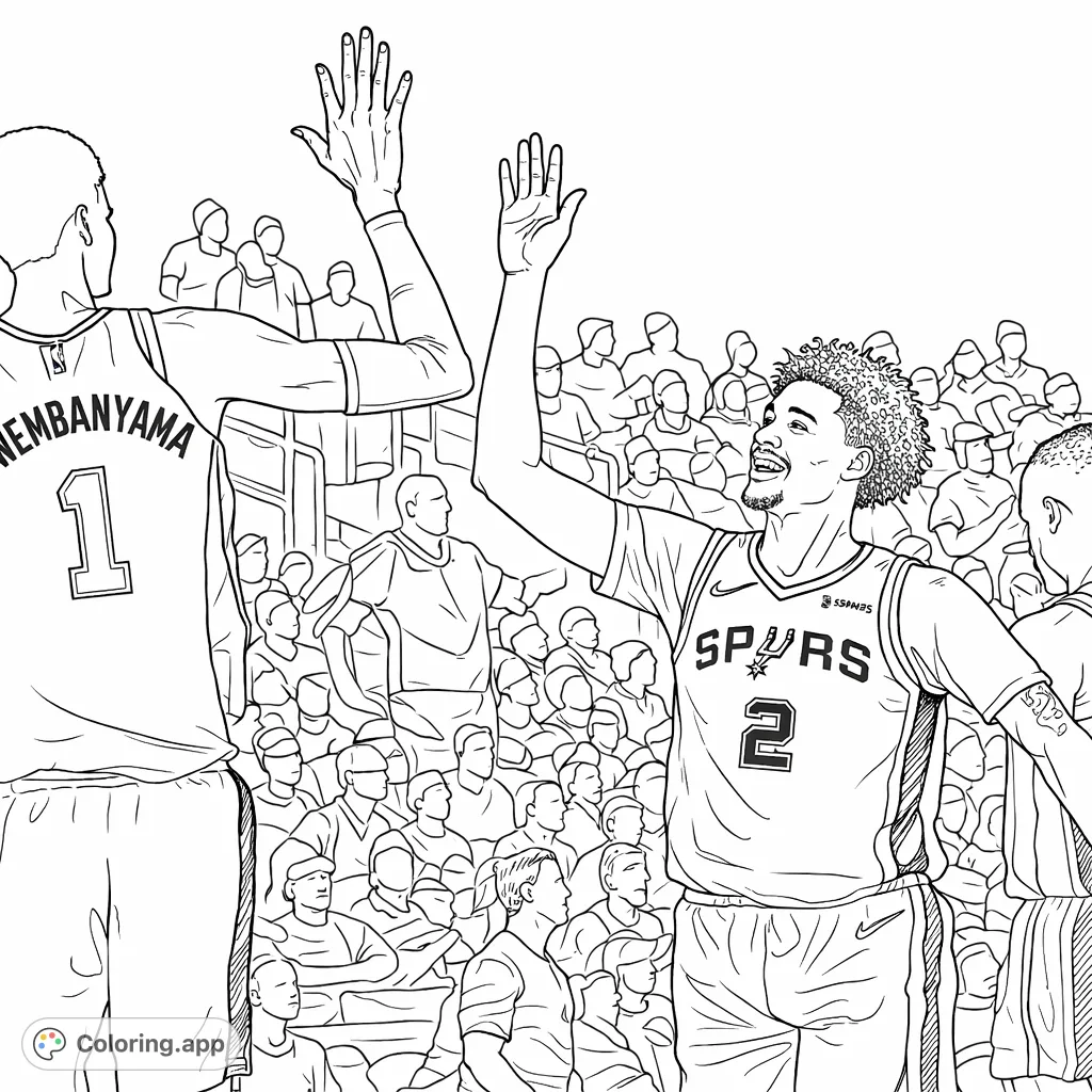 Celebrate the spirit of basketball with this high-five scene! Two players share a moment of victory on the court amidst cheering fans.